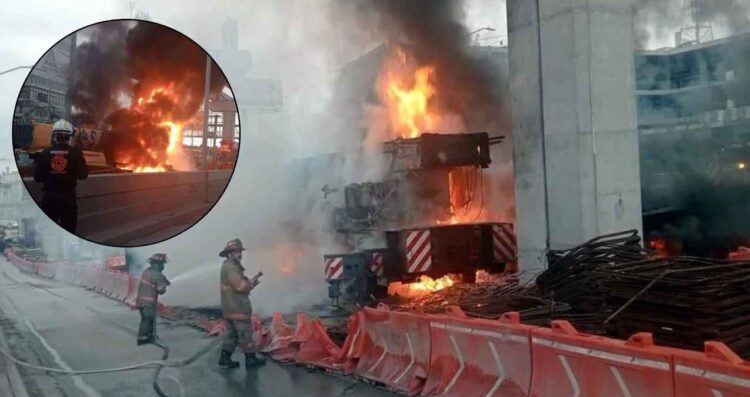 Se incendia grúa industrial del metro en la Avenida Miguel Alemán de Guadalupe, NL