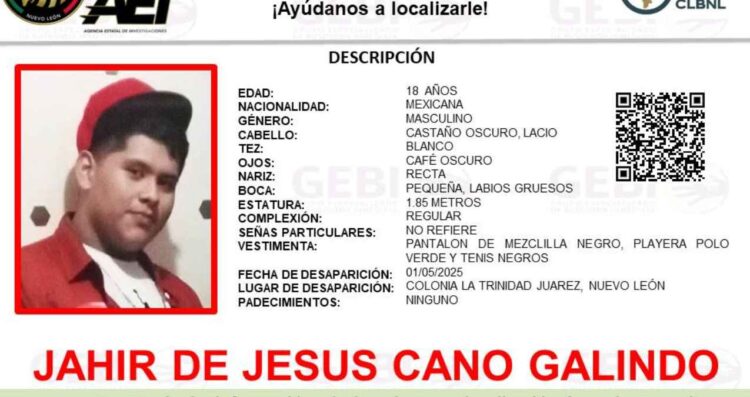Solicitan apoyo para localizar a un joven que desapareció en Juárez, Nuevo León