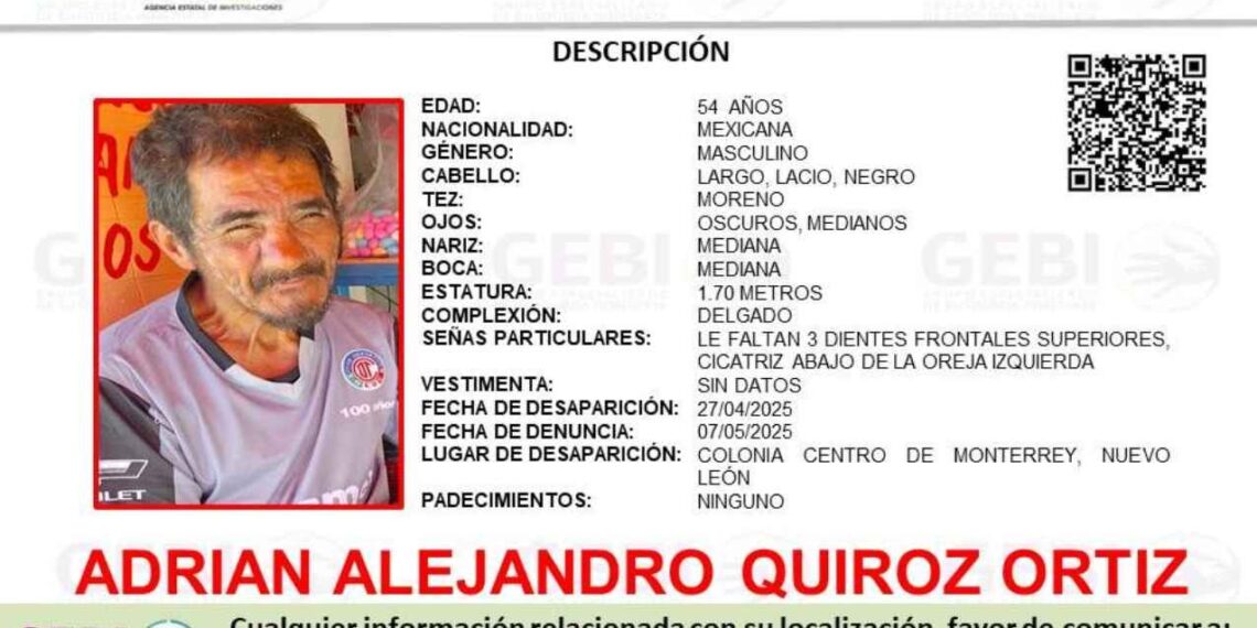 Solicitan ayuda para localizar a un masculino que se encuentra desaparecido en Monterrey, Nuevo León