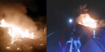 Trailero regiomontano salva de morir calcinado a colega tras accidentarse en la carretera Tampico-Victoria