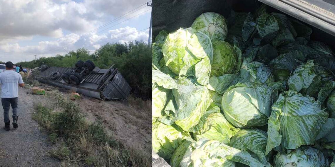 Vuelca tráiler cargado de repollo en la carretera San Fernando-Reynosa