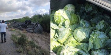 Vuelca tráiler cargado de repollo en la carretera San Fernando-Reynosa
