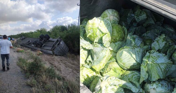 Vuelca tráiler cargado de repollo en la carretera San Fernando-Reynosa