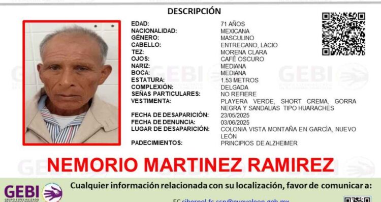 Adulto mayor desaparece en la colonia Vista Montaña de García, Nuevo León