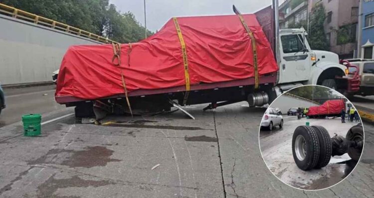 Camión se queda sin llantas tras chocar con el camellón central del Circuito Interior en la CDMX