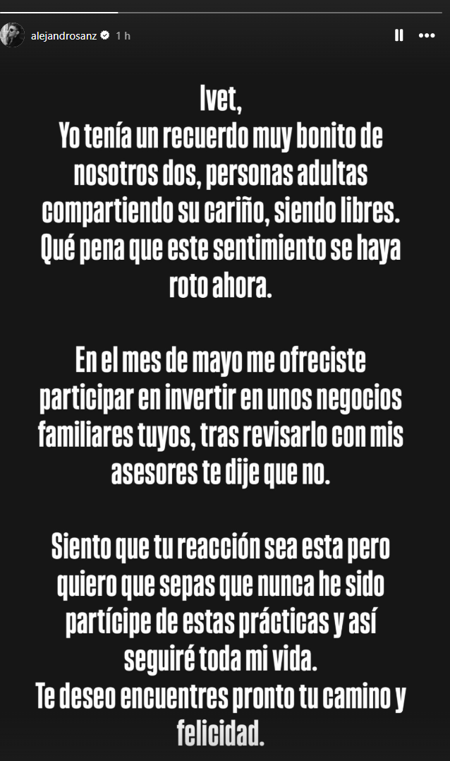 Alejandro Sanz aclara su versión tras declaraciones de Ivet Playà