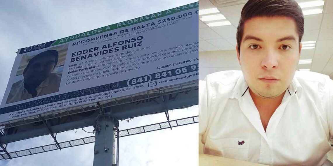 Espectaculares con fotografía del joven desaparecido, Edder Alfonso Benavides Ruiz, son colocados en Ciudad Victoria, Tamaulipas
