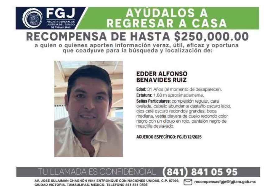 Espectaculares con fotografía del joven desaparecido, Edder Alfonso Benavides Ruiz, son colocados en Ciudad Victoria, Tamaulipas