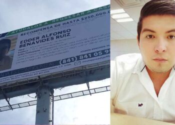 Espectaculares con fotografía del joven desaparecido, Edder Alfonso Benavides Ruiz, son colocados en Ciudad Victoria, Tamaulipas