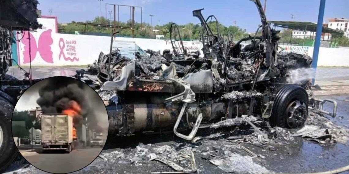 Fuerte incendio consume un tráiler en la fila para cruzar a Estados Unidos en Miguel Alemán, Tamaulipas