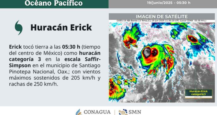Huracán Erick impacta como categoría 3 en Oaxaca