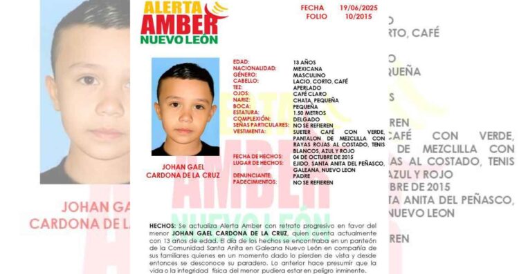 Reactivan Alerta Amber de Johan Gael Cardona de la Cruz tras llevar años desaparecido en Galeana, Nuevo León