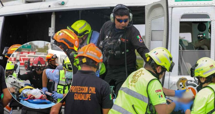 Trasladan en helicóptero a un hospital a 2 de los que resultaron lesionados en la volcadura del autobús en Hualahuises, NL