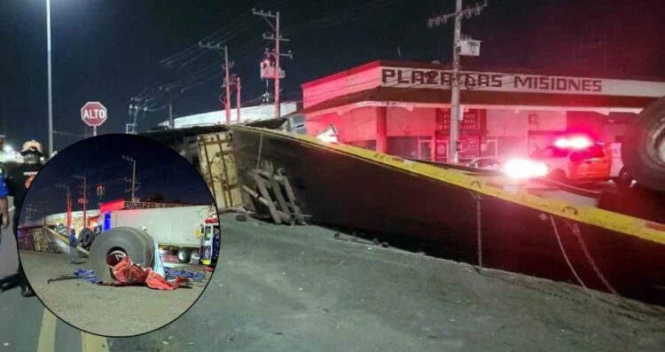Vuelca tráiler cargado con rollo de acero en la Avenida Manuel L. Barragán de San Nicolás, NL