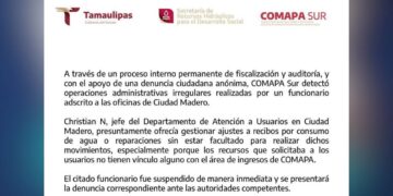 destitución de funcionario en COMAPA de Madero