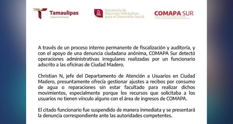 destitución de funcionario en COMAPA de Madero