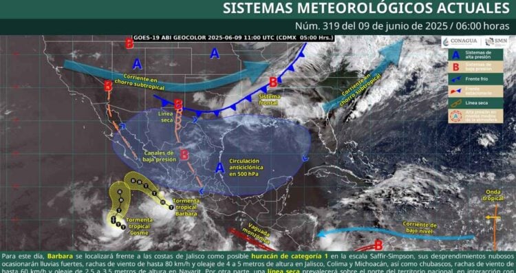 ¿En qué regiones se podrían registrar lluvias con vientos debido a la tormenta tropical Bárbara?