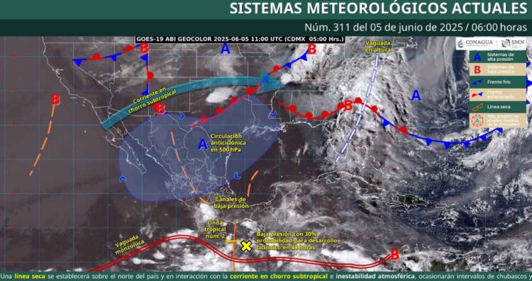 ¿Se pronostican chubascos y lluvias puntuales fuertes para este jueves 5 de junio en México?