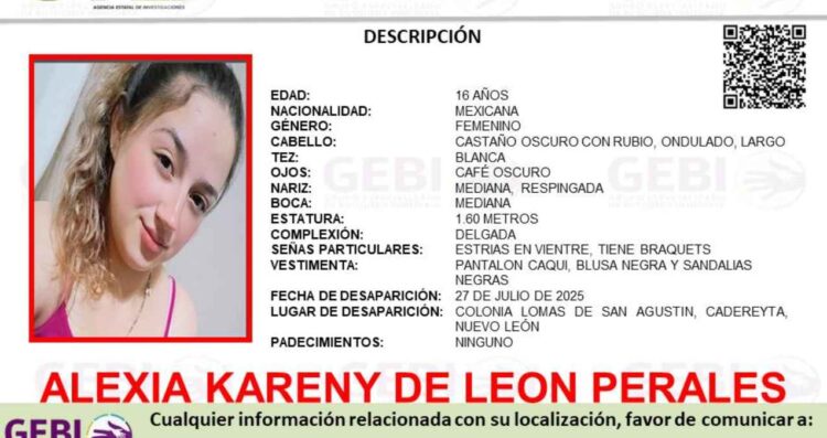 Buscan a jovencita que se encuentra desaparecida en Cadereyta, Nuevo León