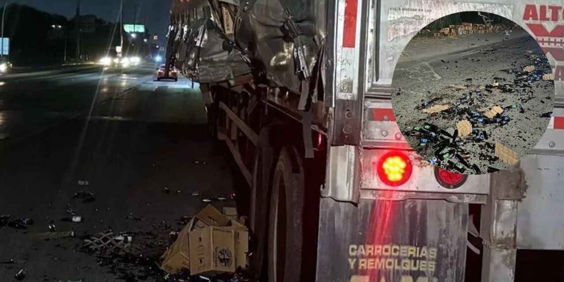 Caja de camión se rompe y provoca caída de envases de cerveza en la Avenida Ruiz Cortines de Guadalupe, NL