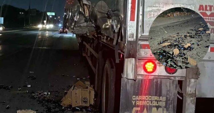 Caja de camión se rompe y provoca caída de envases de cerveza en la Avenida Ruiz Cortines de Guadalupe, NL