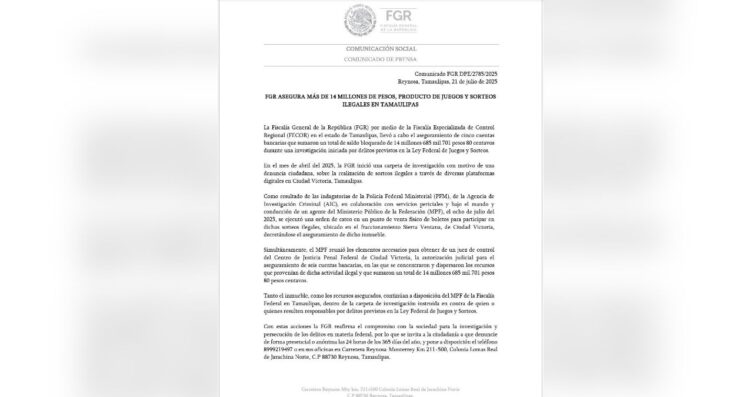 FGR asegura más de 14 millones por sorteos ilegales en Tamaulipas