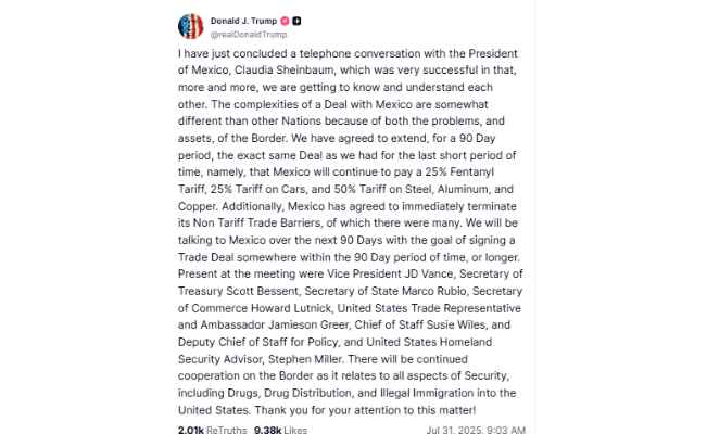 Donald Trump aplaza por 90 días aranceles a México tras hablar con Claudia Sheinbaum