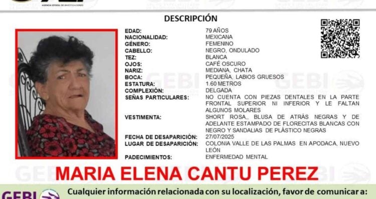 Mujer de la tercera edad desaparece en Apodaca, Nuevo León