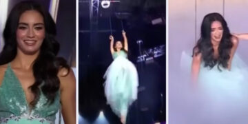 Participante de Miss Universe Latina cae al romperse su arnés