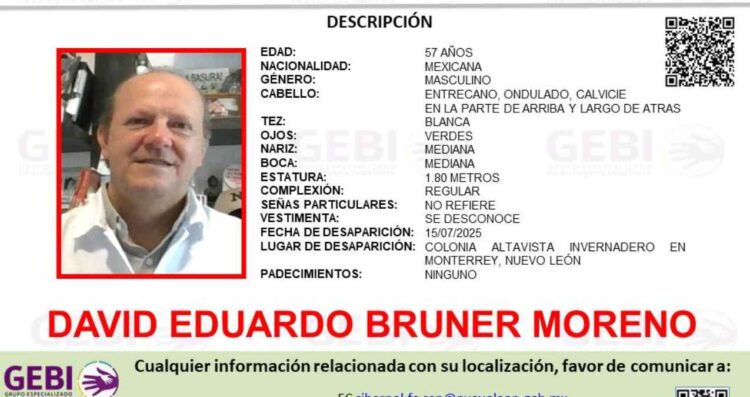 Solicitan ayuda para encontrar a David Eduardo Bruner Moreno, quien desapareció en Monterrey, NL