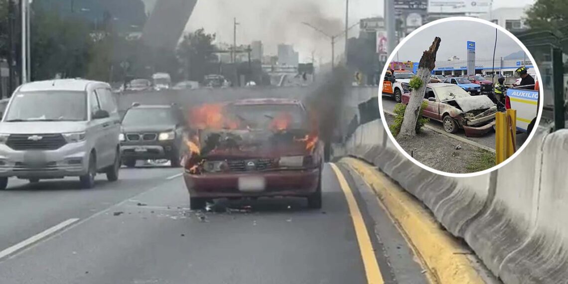 Vehículo choca por alcance y se incendia en avenida Garza Sada de Monterrey, NL