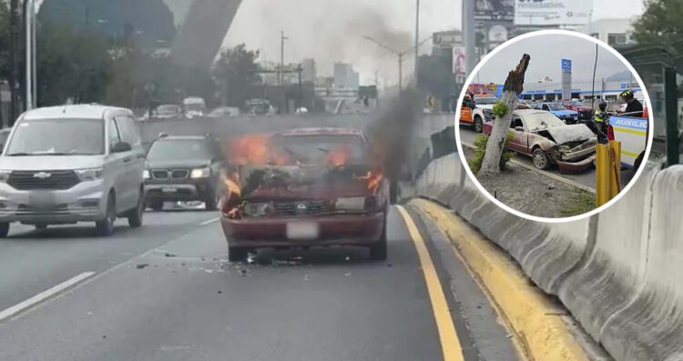 Vehículo choca por alcance y se incendia en avenida Garza Sada de Monterrey, NL
