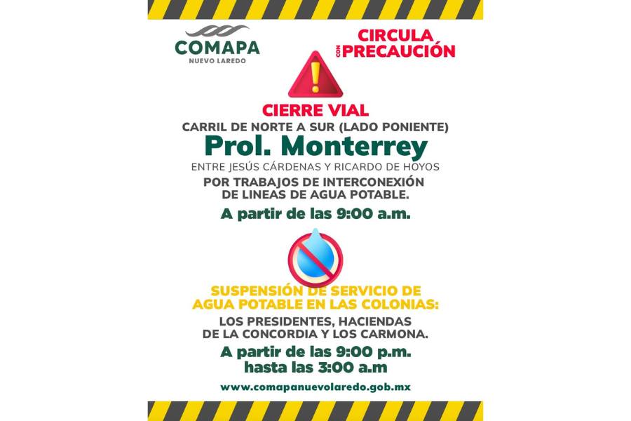 suspensión de agua hoy en Nuevo Laredo