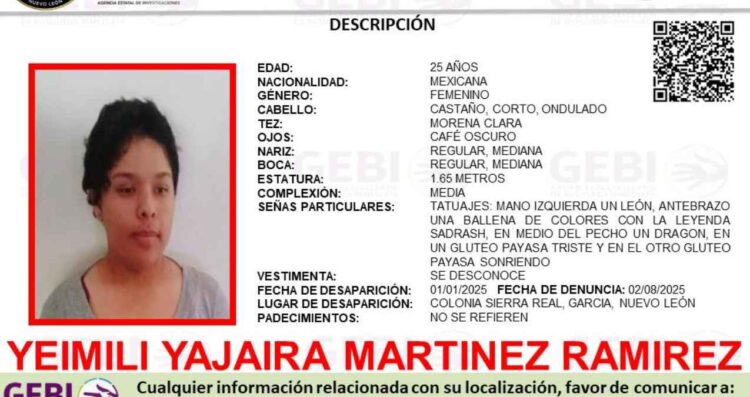 Buscan a Yeimili Yajaira Martínez Ramírez, que se encuentra desaparecida en García, NL