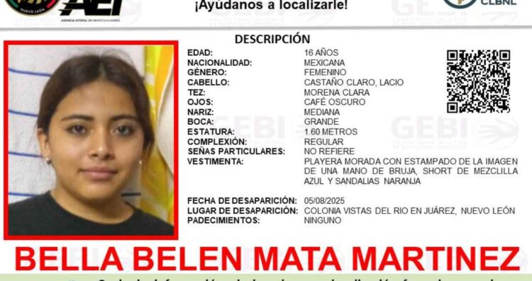 Piden apoyo para localizar a una jovencita que se encuentra desaparecida en Juárez, Nuevo León