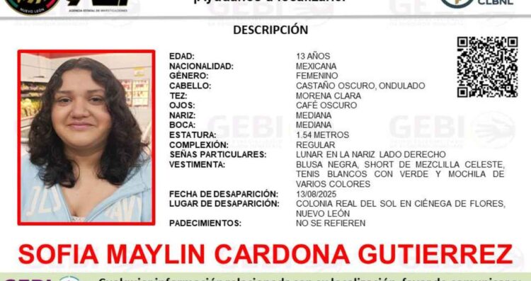 Reportan desaparición de una adolescente en Ciénega de Flores, Nuevo León