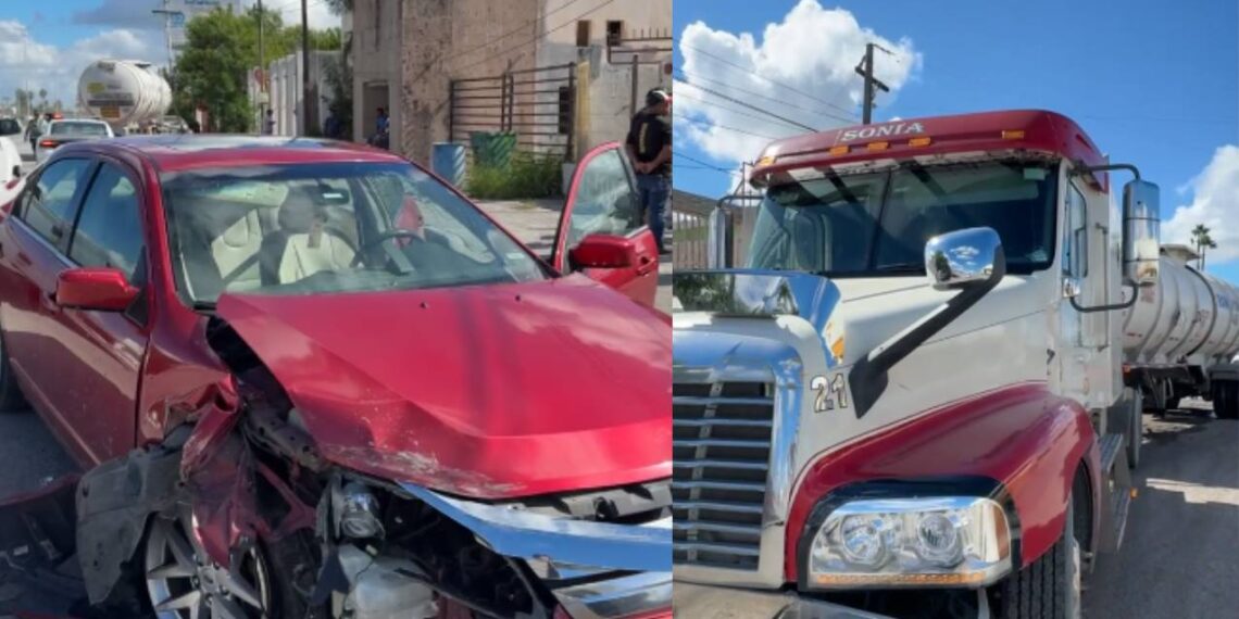 Accidente entre pipa y auto deja un lesionado en Matamoros, Tamaulipas