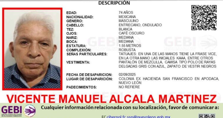 Buscan a Vicente Manuel Alcalá Martínez, adulto mayor desaparecido en Apodaca, NL