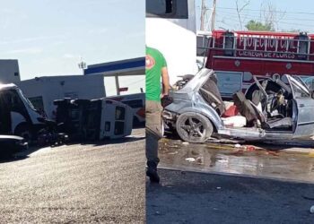 Camión de personal pierde control y se impacta en gasolinera de Ciénega de Flores, NL; hay varios heridos