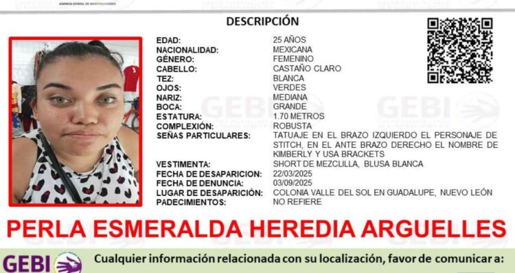 Piden apoyo para localizar a Perla Esmeralda Heredia Arguelles, quien desapareció en Guadalupe, Nuevo León