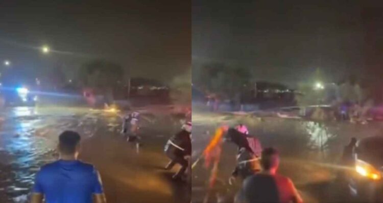VIDEO | Pareja y policía son arrastrados por la corriente en un canal de Monterrey, NL