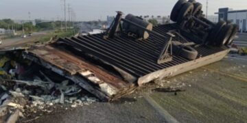 Volcadura de tractocamión cargado de aguacates en Reynosa, Tamaulipas genera rapiña de residentes