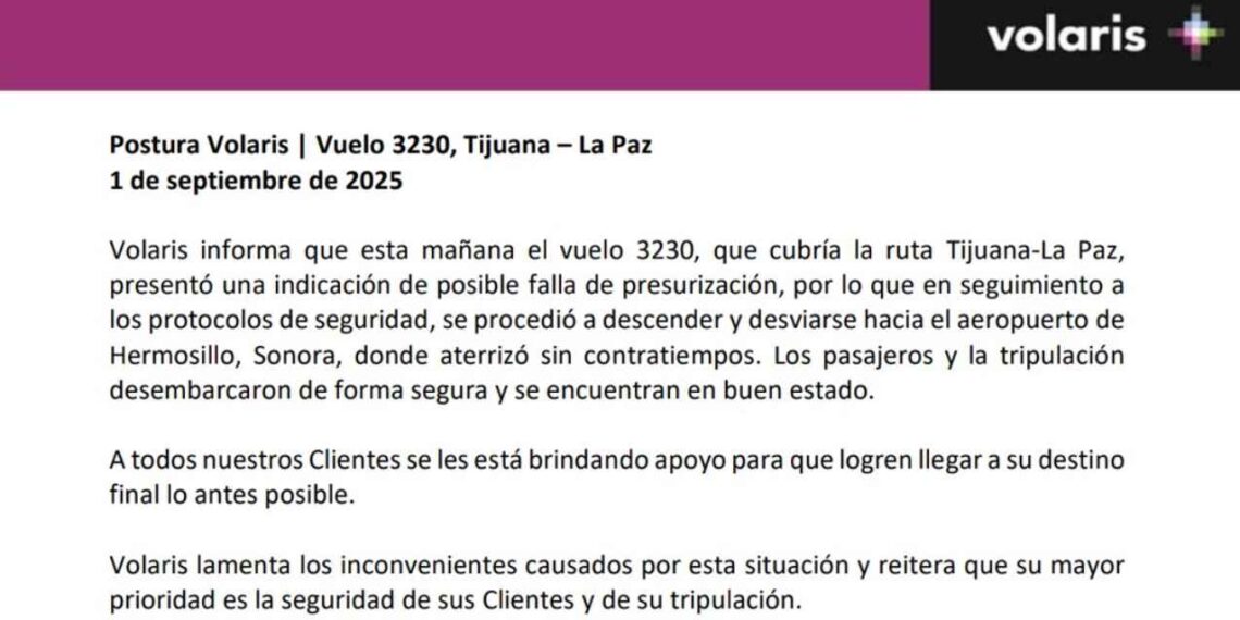 Vuelo de Volaris con ruta Tijuana-La Paz aterriza de emergencia en Hermosillo