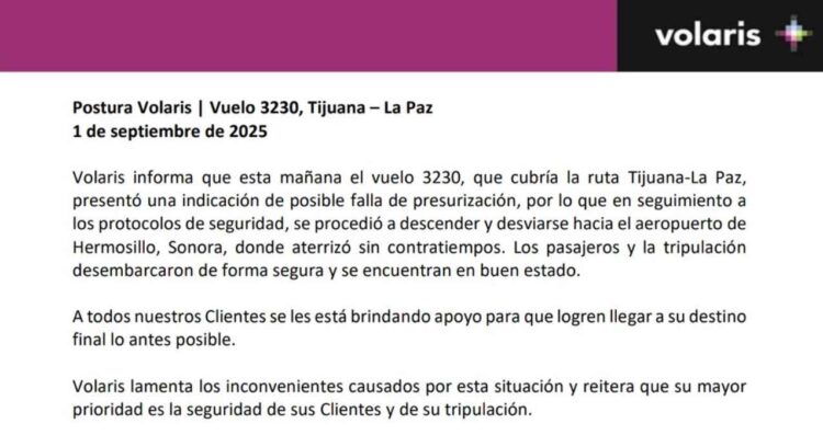 Vuelo de Volaris con ruta Tijuana-La Paz aterriza de emergencia en Hermosillo