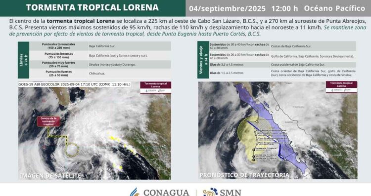 ¿Dónde se encuentra localizada Lorena tras debilitarse a Tormenta Tropical?