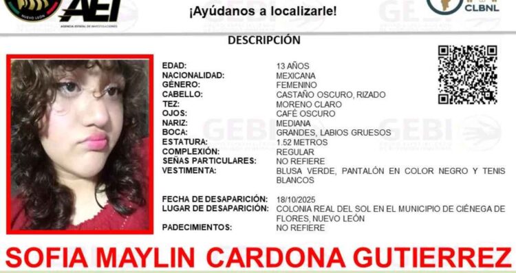 Buscan a adolescente desaparecida en Ciénega de Flores, Nuevo León