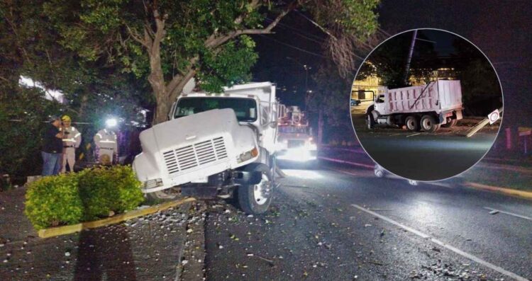 Camión de volteo derriba varios postes y choca con árbol tras quedarse sin frenos en San Pedro, NL