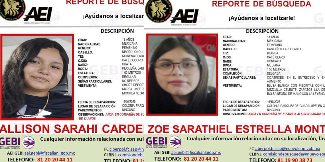 Desaparecen dos jovencitas en Guadalupe, Nuevo León; autoridades solicitan ayuda para localizarlas
