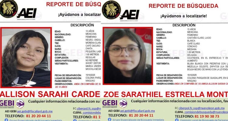 Desaparecen dos jovencitas en Guadalupe, Nuevo León; autoridades solicitan ayuda para localizarlas