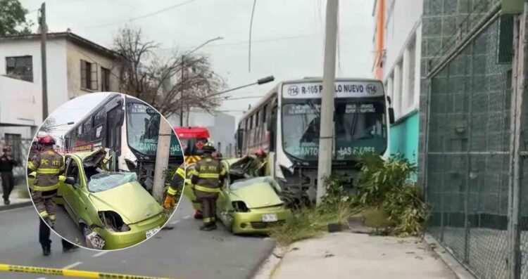 Difunden video del fuerte accidente entre transporte y automóvil que dejó sin vida a una mujer en Monterrey, NL